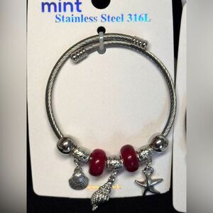 Mint Silver Stainless Steel Bracelet with Red Beads and Seashell Charms
